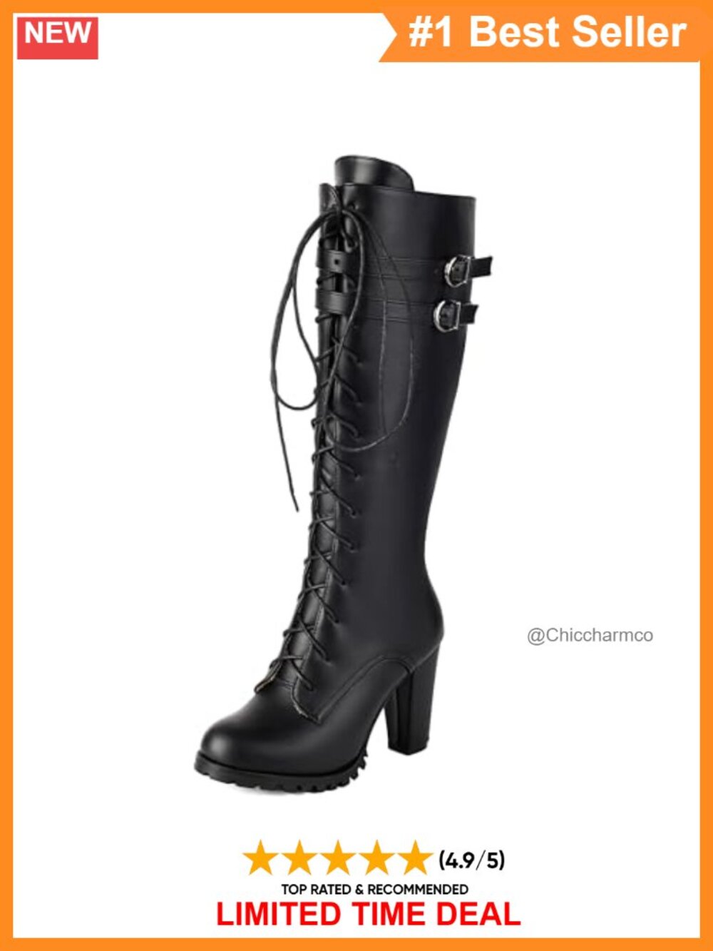 Knee High Combat Boots Lace Up Block Heel PU Leather Buckle